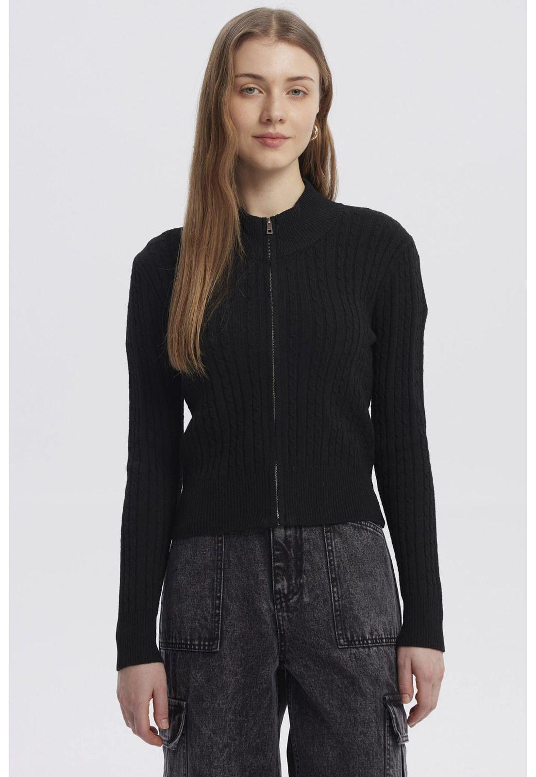 Sweater Mujer Cuello Con Cierre Negro-0