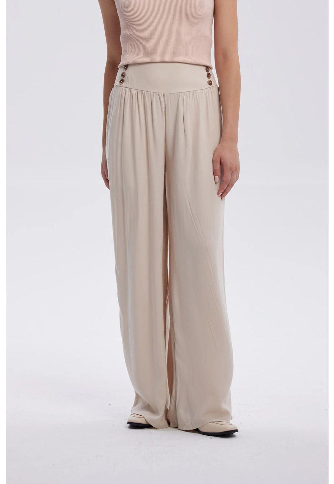 Pantalón Mujer Palazzo Aplicación Botones Arena-0