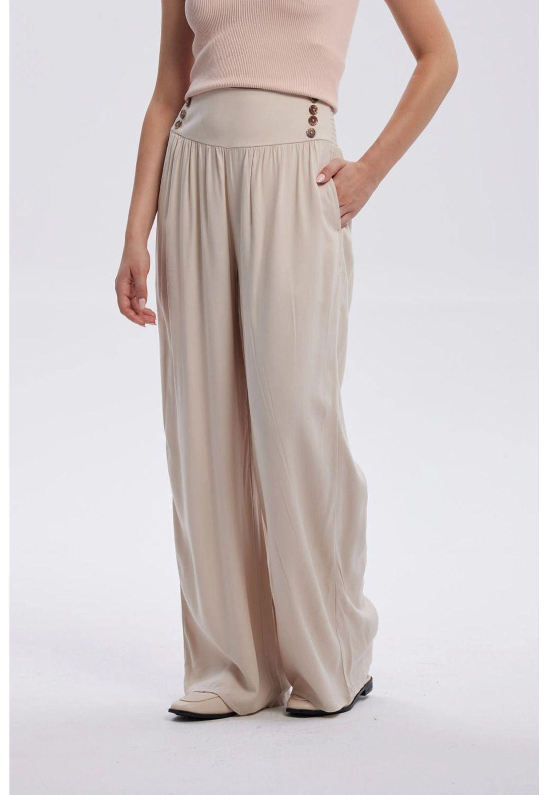 Pantalón Mujer Palazzo Aplicación Botones Arena-1