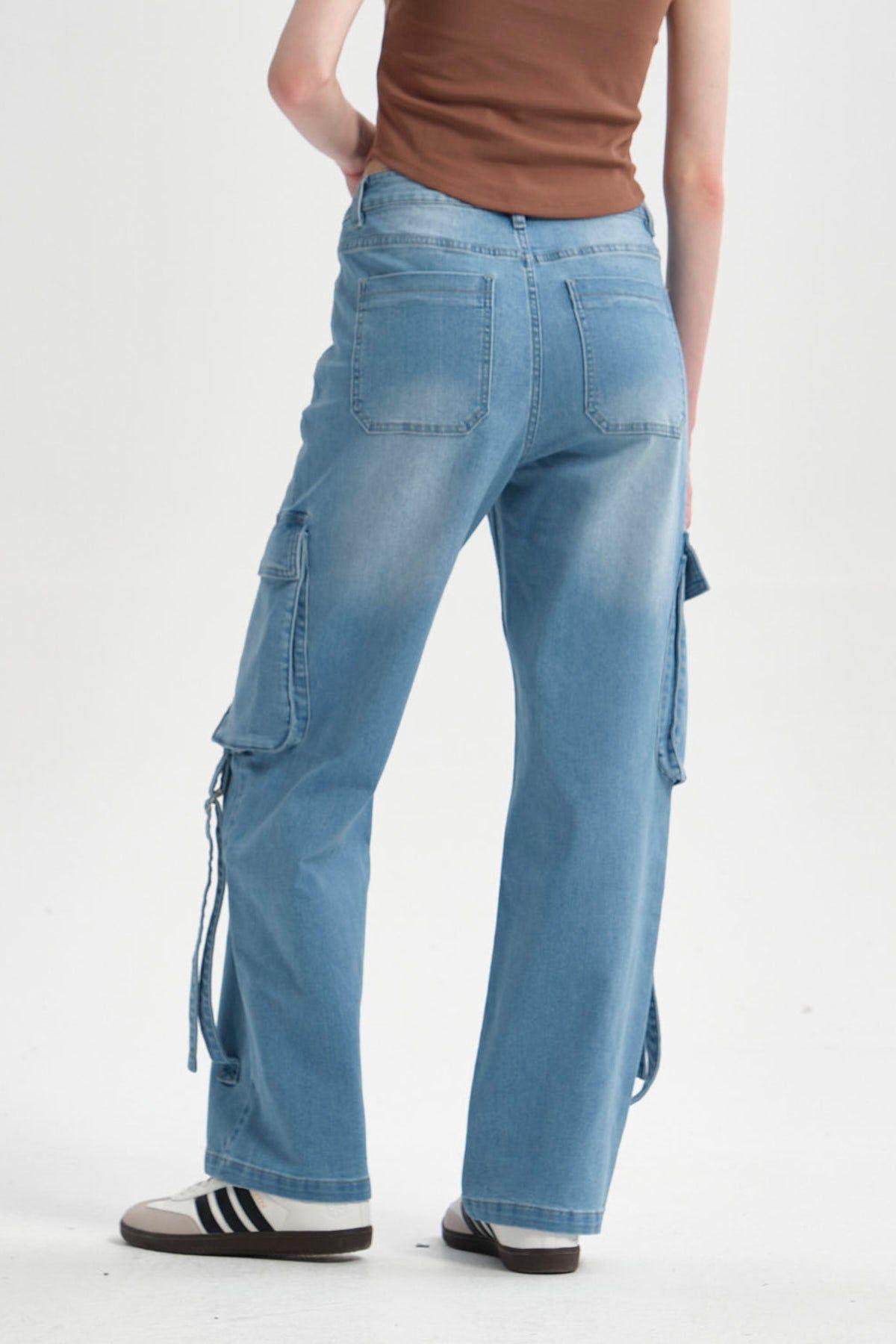 Jeans Mujer Calce Recto Cargo Amarra Azul Claro-2