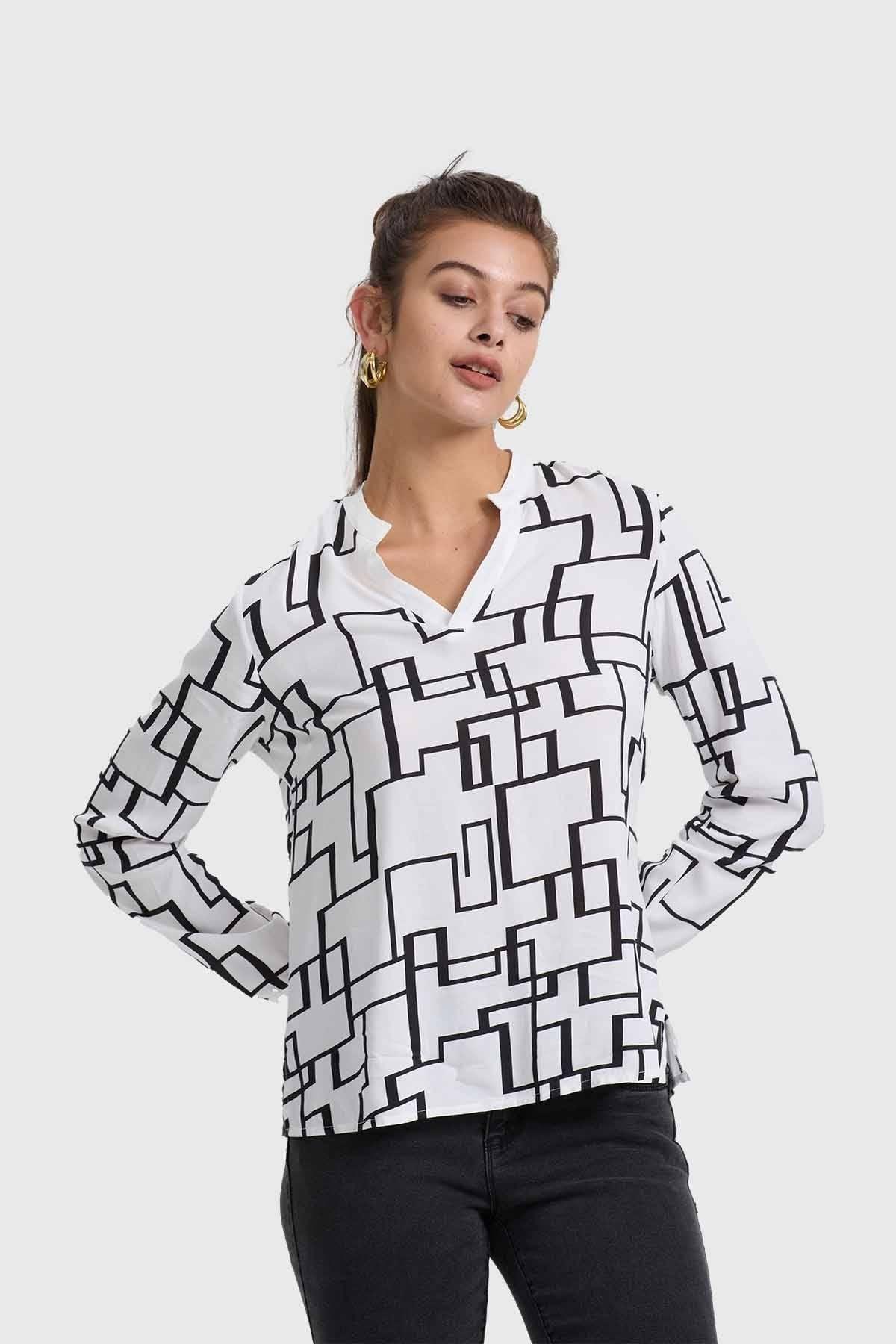 Blusa Mujer Escote V Print Crudo-0