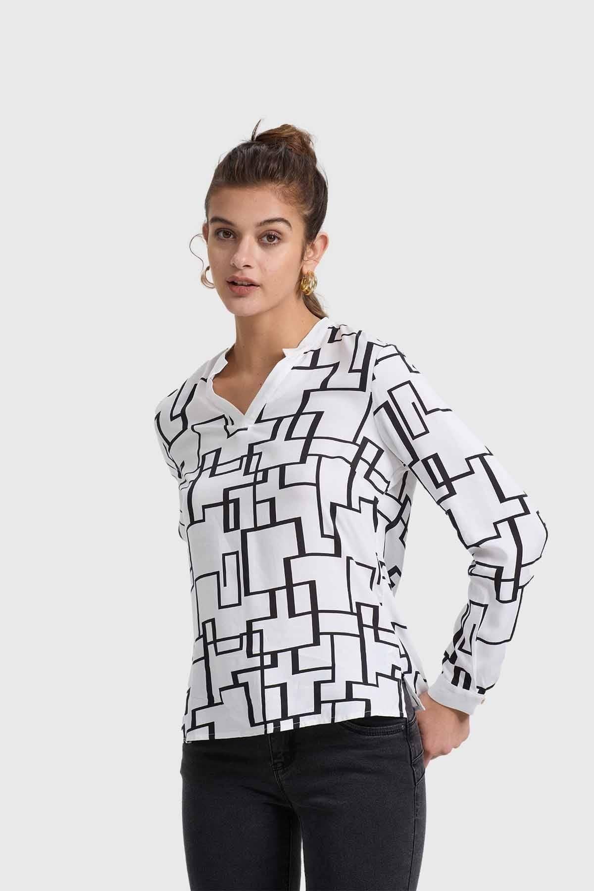 Blusa Mujer Escote V Print Crudo-1