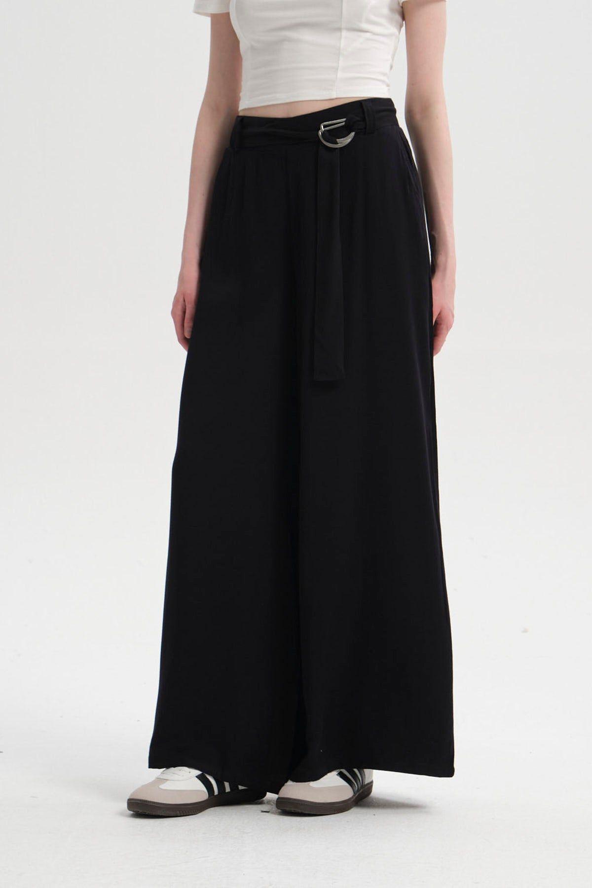 Pantalón Mujer Palazzo Cinturón Negro-0