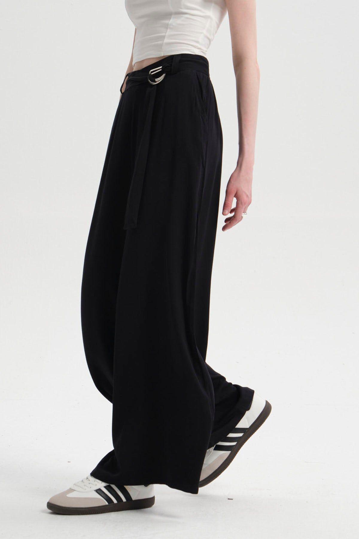 Pantalón Mujer Palazzo Cinturón Negro-1