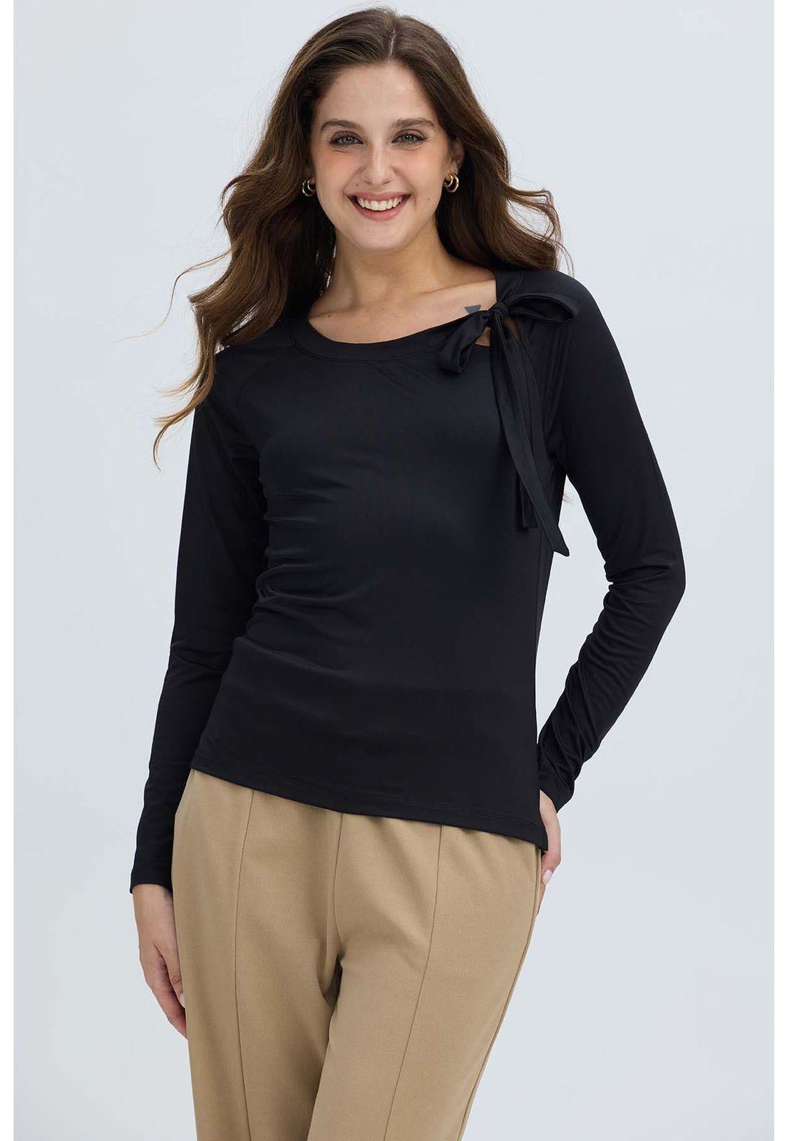 Polera Mujer Abertura Y Lazo Negro-0