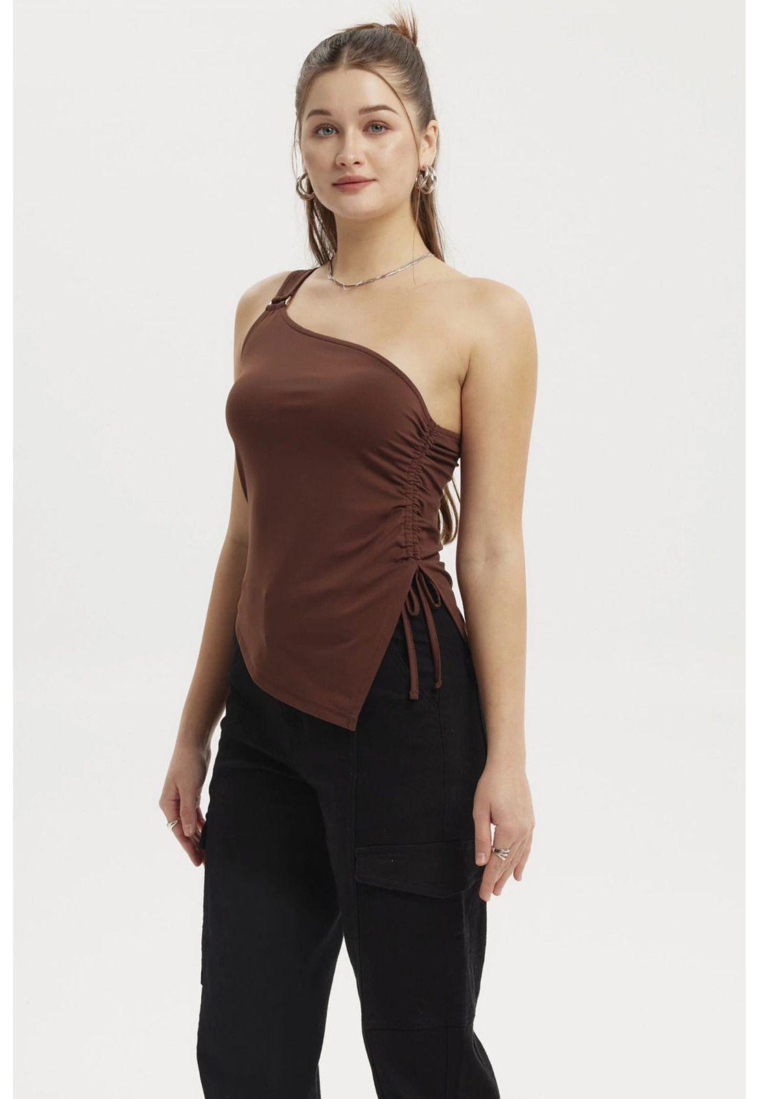 Polera Mujer Escote Y Basta Asimétrica Café-1