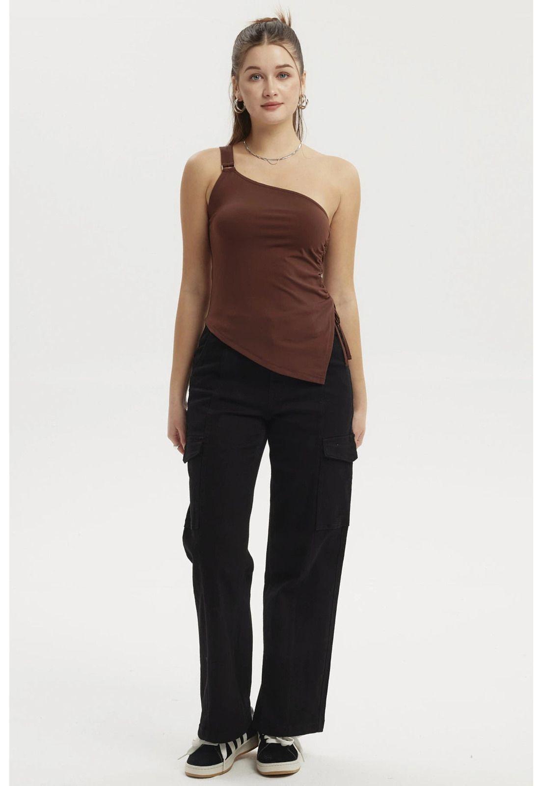 Polera Mujer Escote Y Basta Asimétrica Café-3