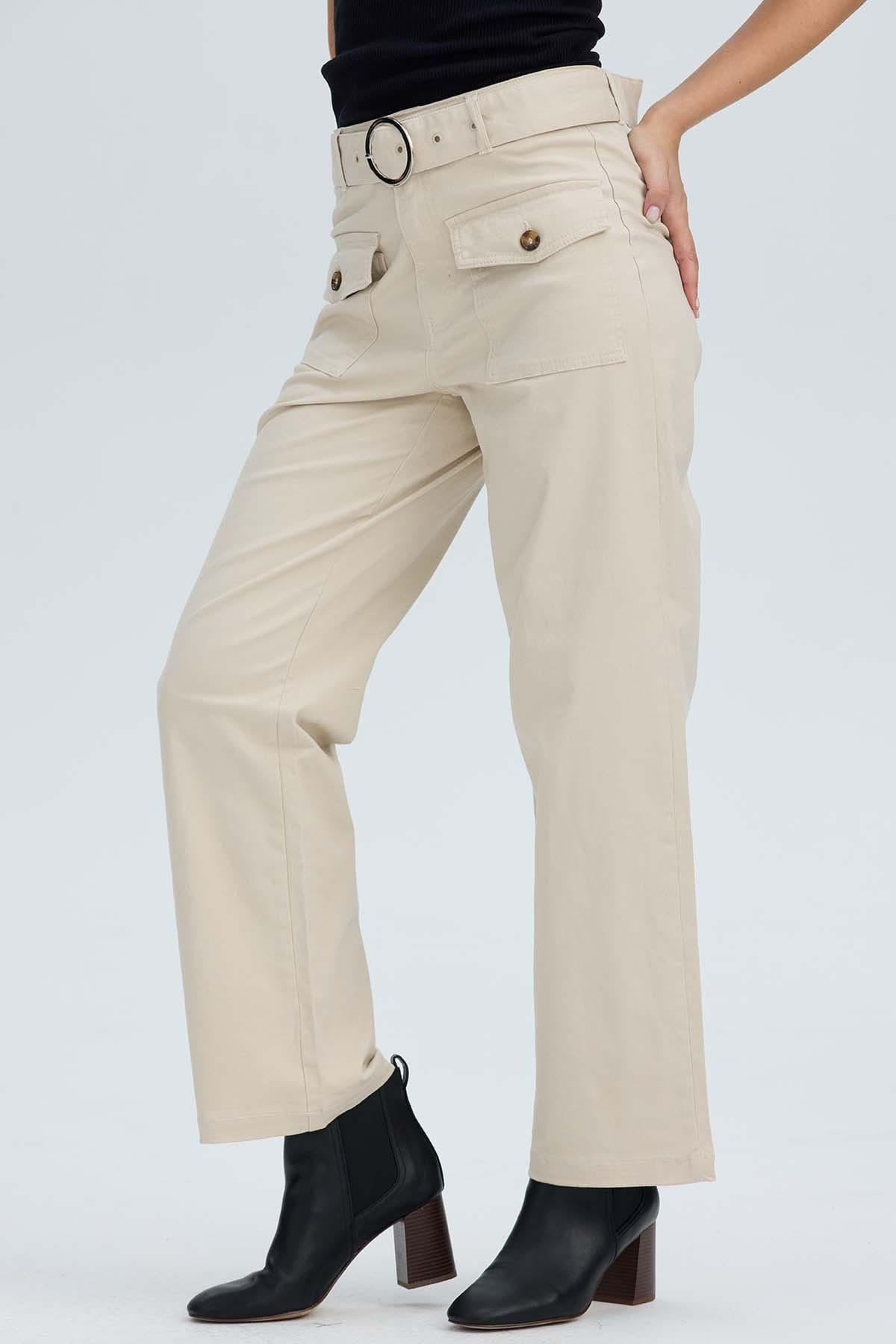 Pantalón Mujer Con Cinturón Y Bolsillos Arena-2