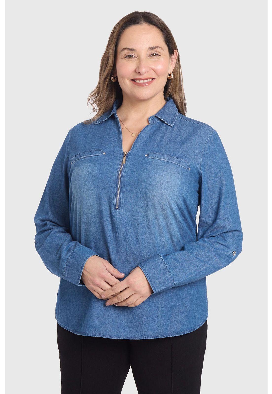 Blusa Mujer Con Tachas Bolsillo Azul - ll-0