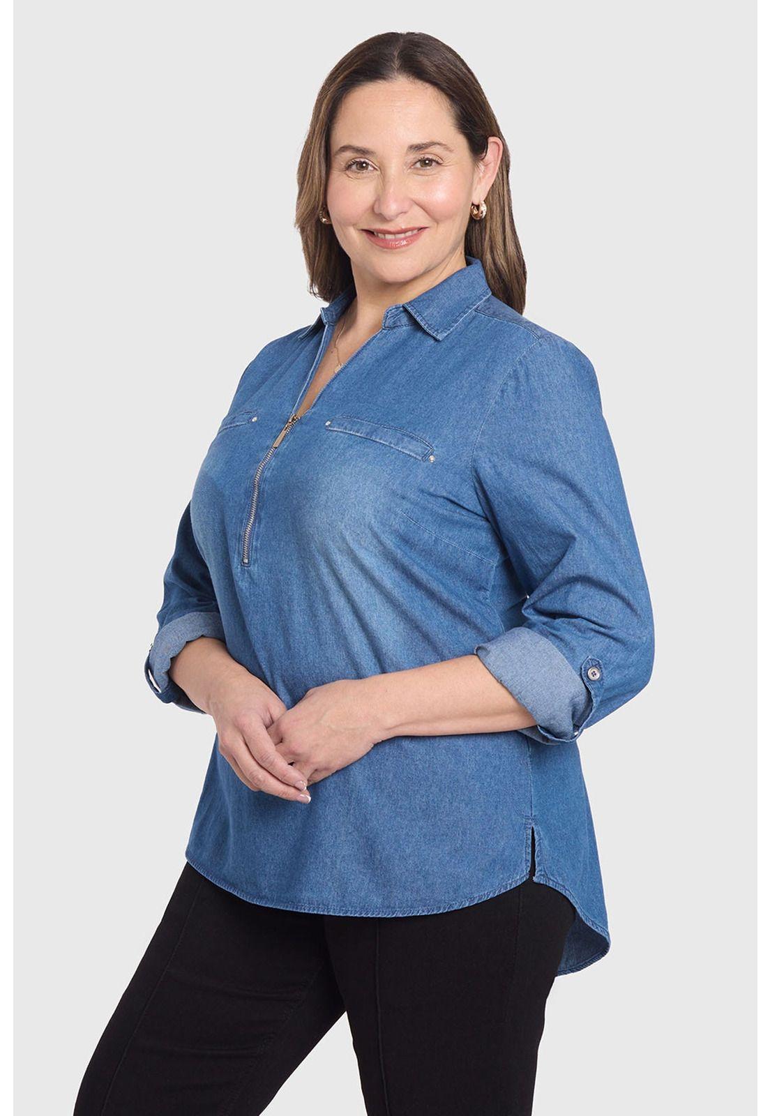 Blusa Mujer Con Tachas Bolsillo Azul - ll-1