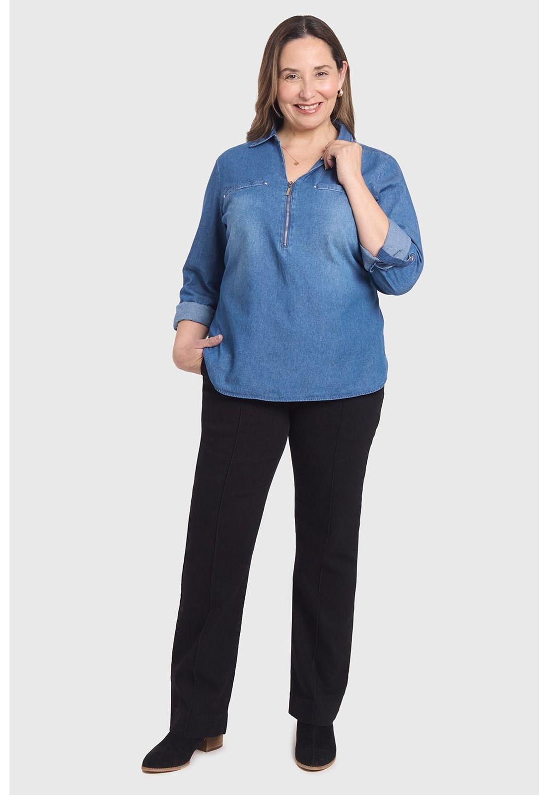 Blusa Mujer Con Tachas Bolsillo Azul - ll-3