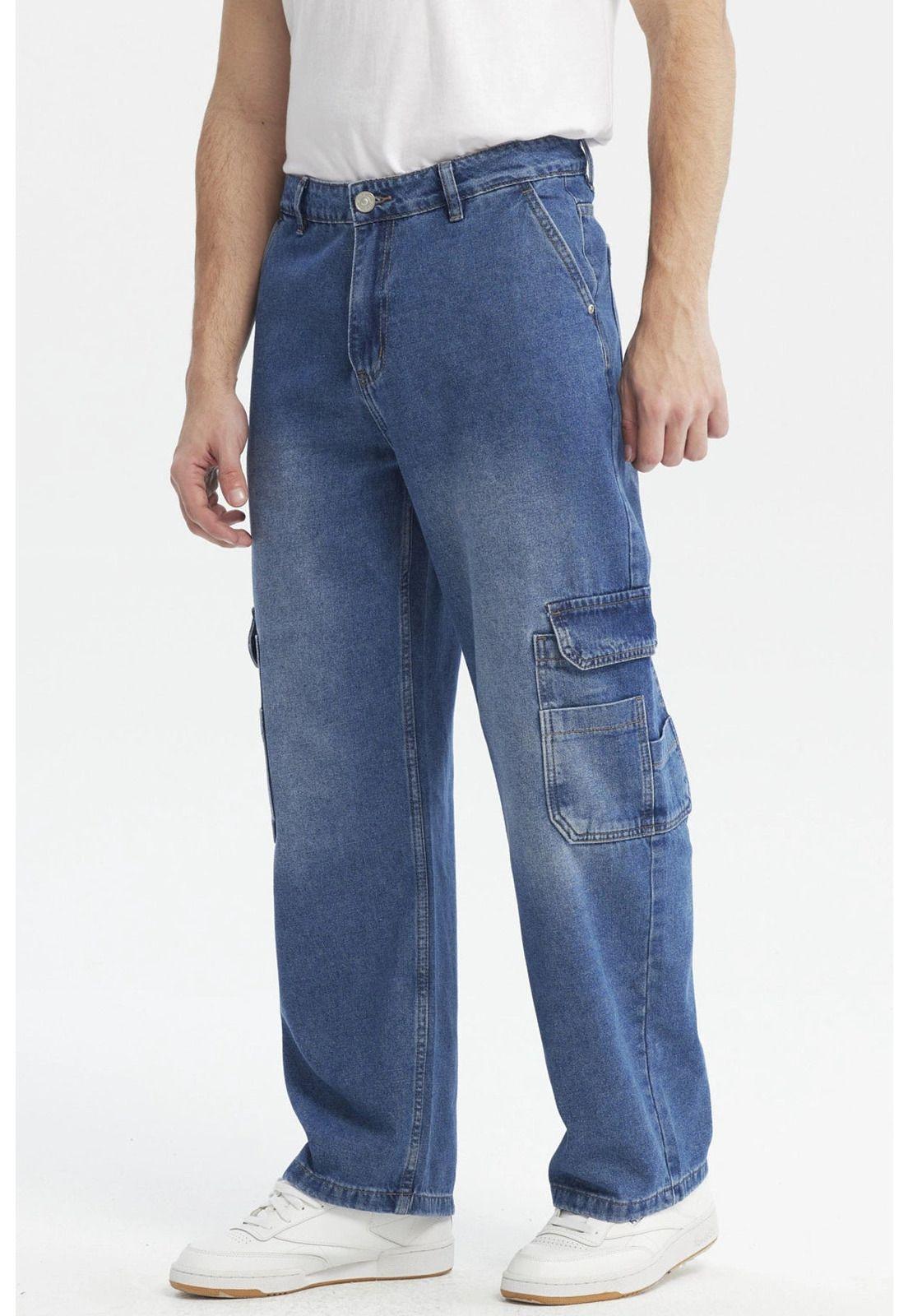 Jeans Hombre Calce Recto Cargo Bolsillo Azul-1