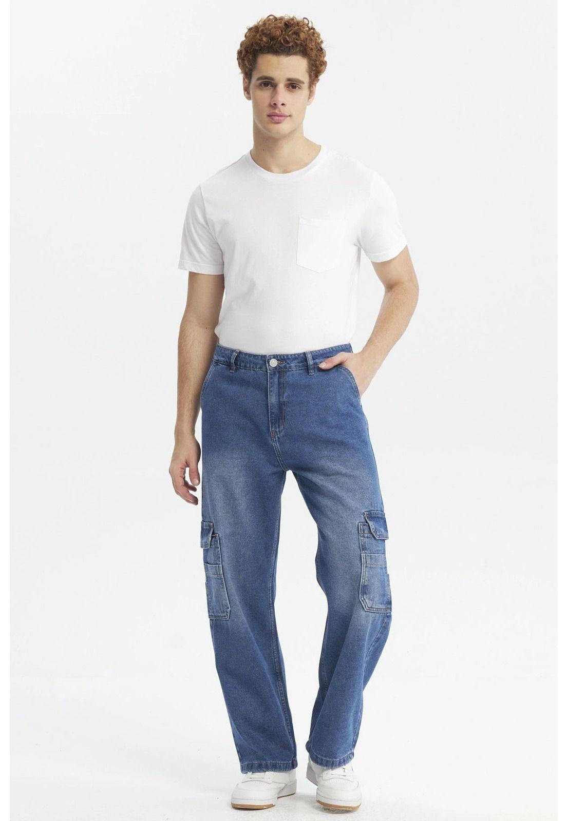 Jeans Hombre Calce Recto Cargo Bolsillo Azul-3