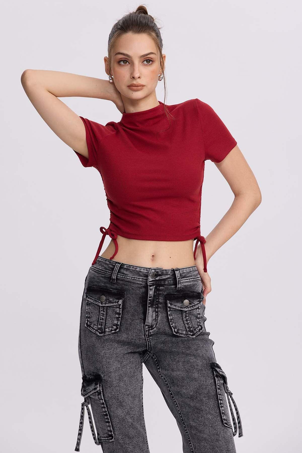 Polera Mujer Recogido Costado Burdeo-2