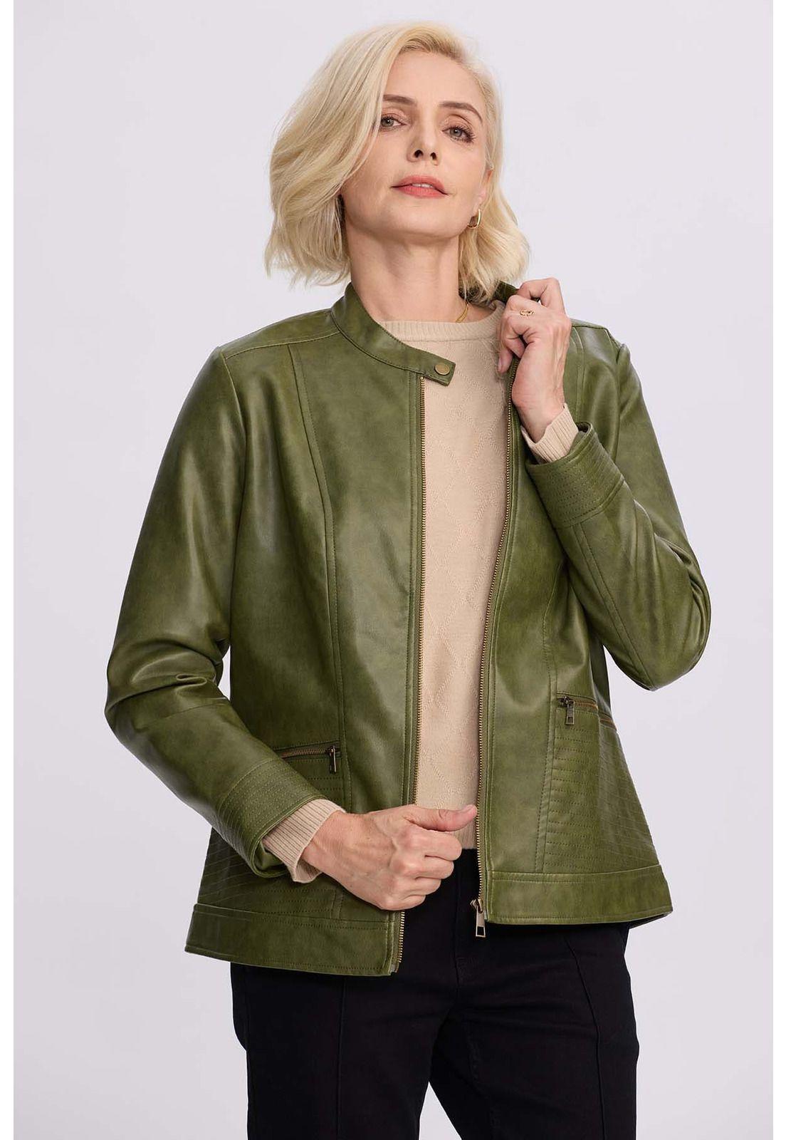 Chaqueta Mujer Efecto Cuero Verde Militar-0