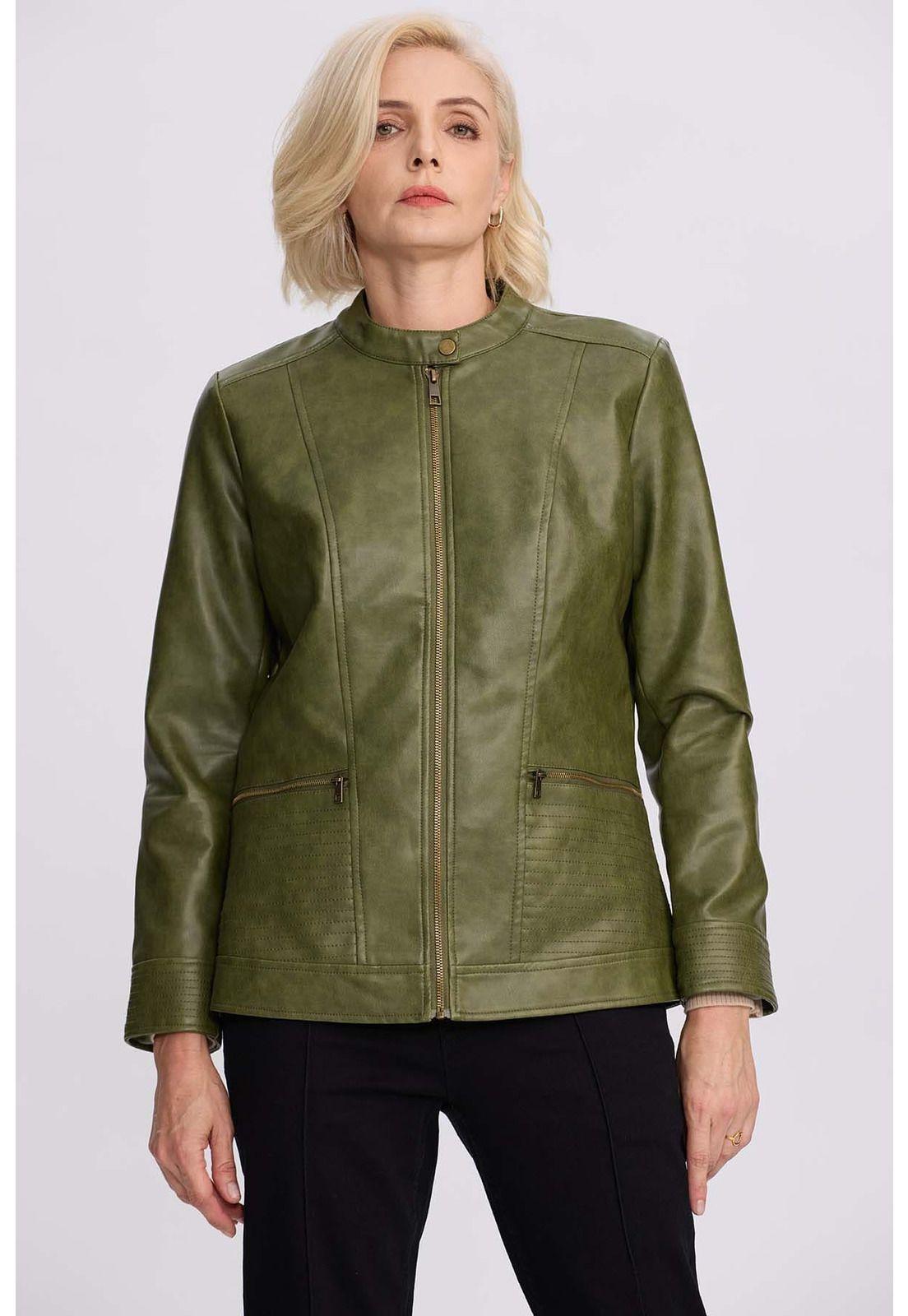 Chaqueta Mujer Efecto Cuero Verde Militar-1