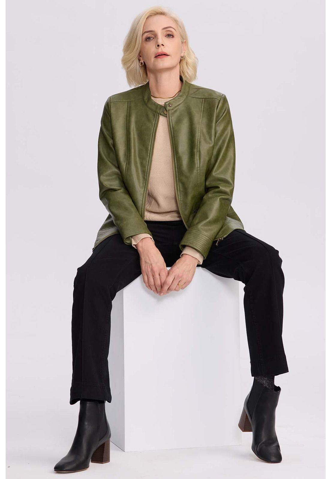 Chaqueta Mujer Efecto Cuero Verde Militar-3