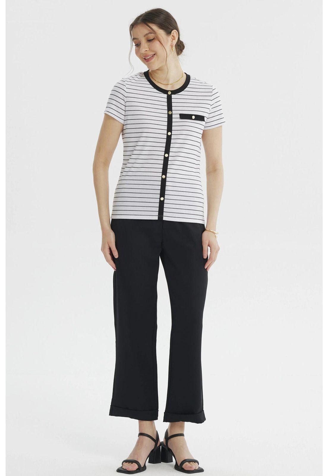 Polera Mujer Abotonado Falso Blanco / Negro-3