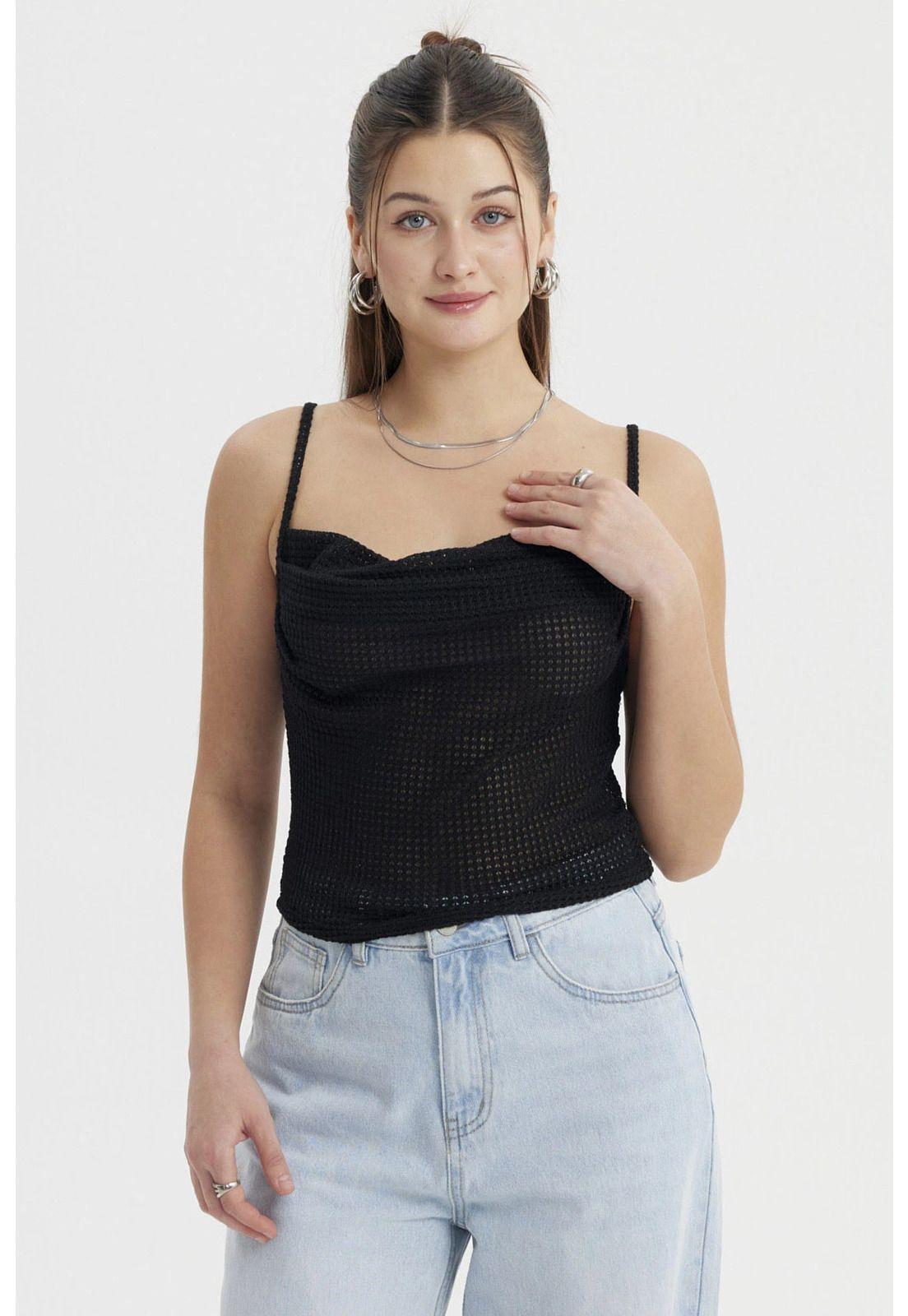 Polera Mujer Escote Drapeado Negro-0