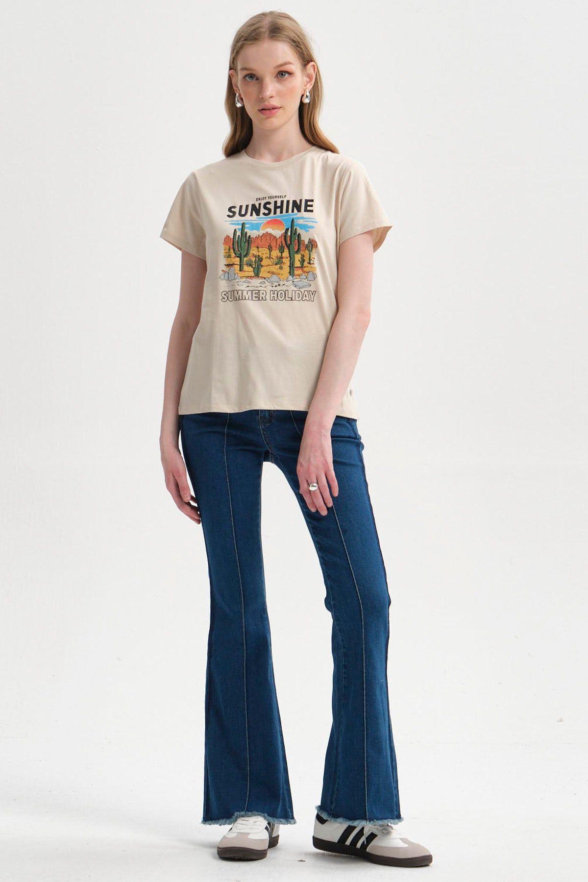 Polera Mujer Básica Print Beige Claro-3