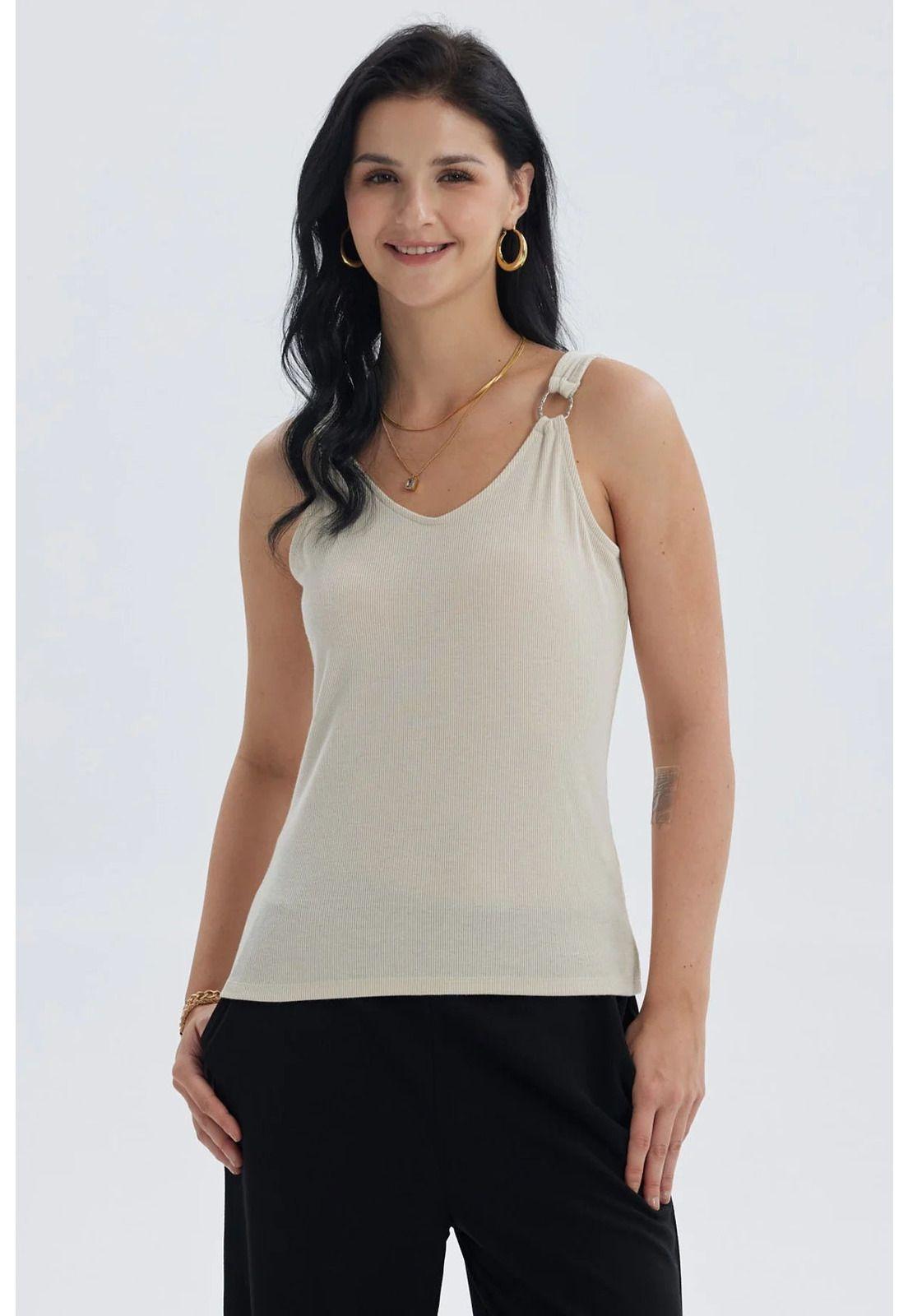 Polera Mujer Rib Hebilla Arena-0