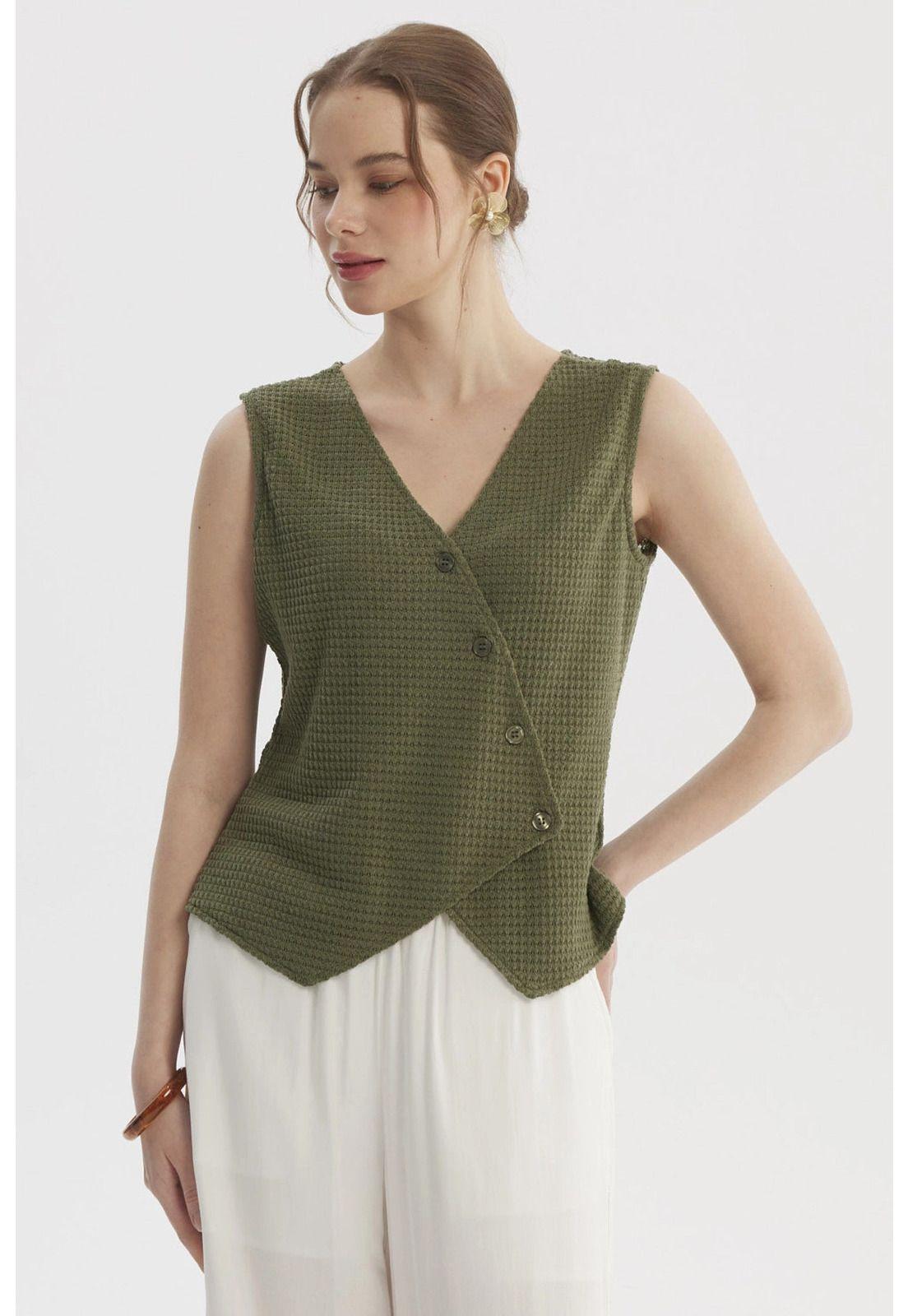 Polera Mujer Aplicación Botones Verde Olivo-0