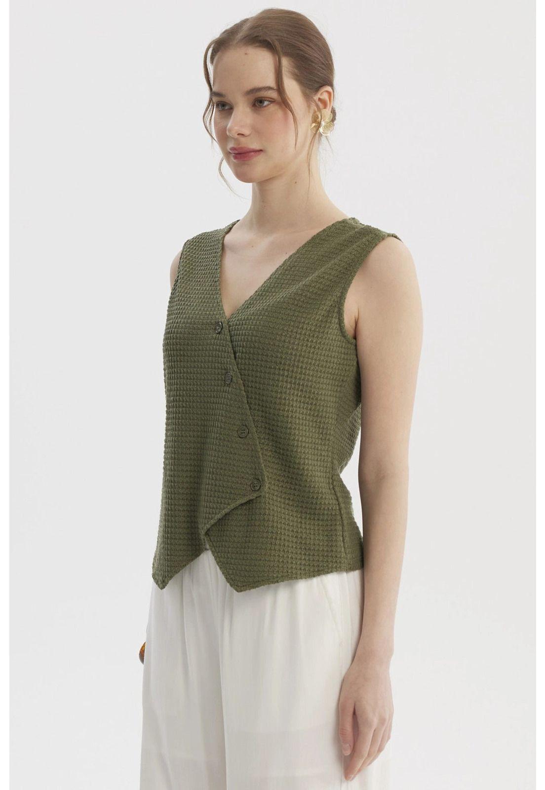 Polera Mujer Aplicación Botones Verde Olivo-1