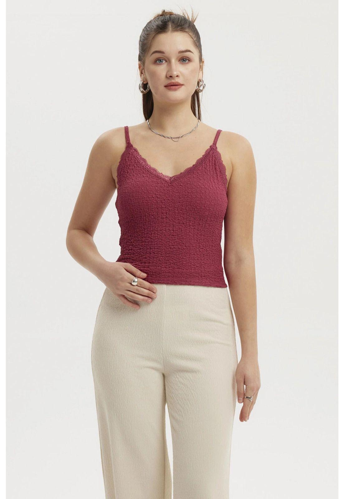 Peto Mujer Texturizado Encaje En Escote Magenta-0