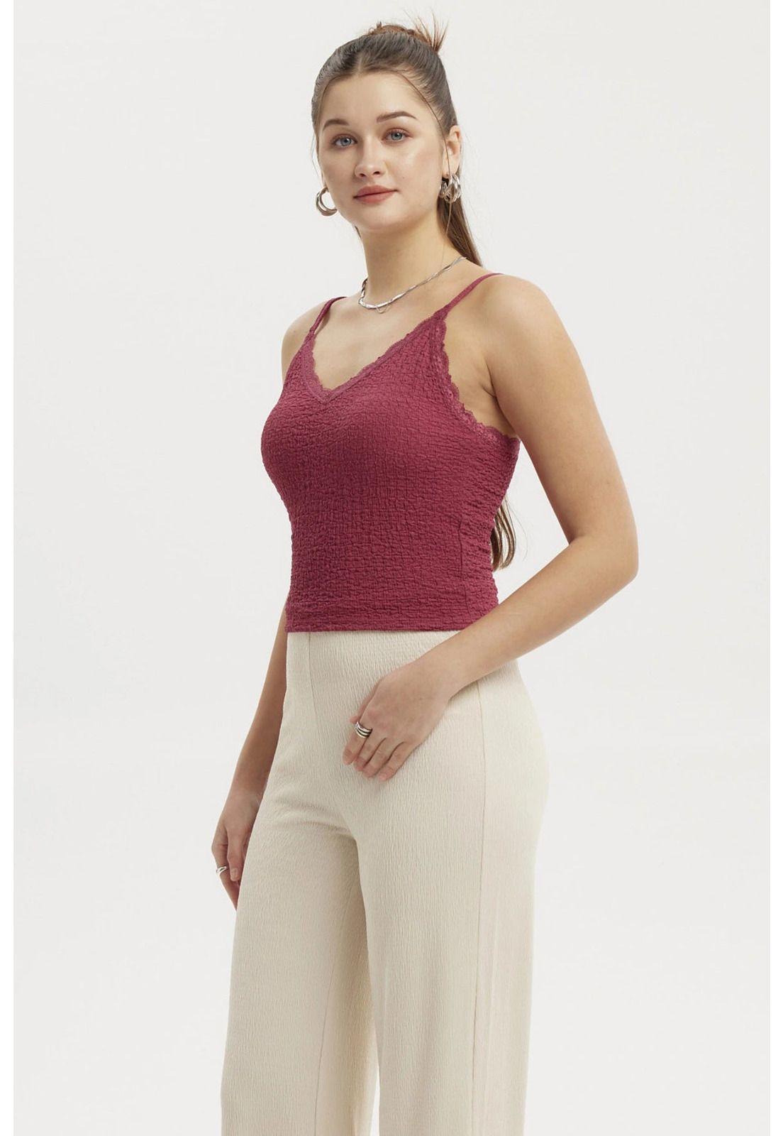 Peto Mujer Texturizado Encaje En Escote Magenta-1