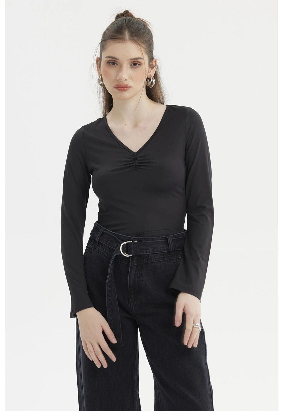 Polera Mujer Recogido Escote Negro-0