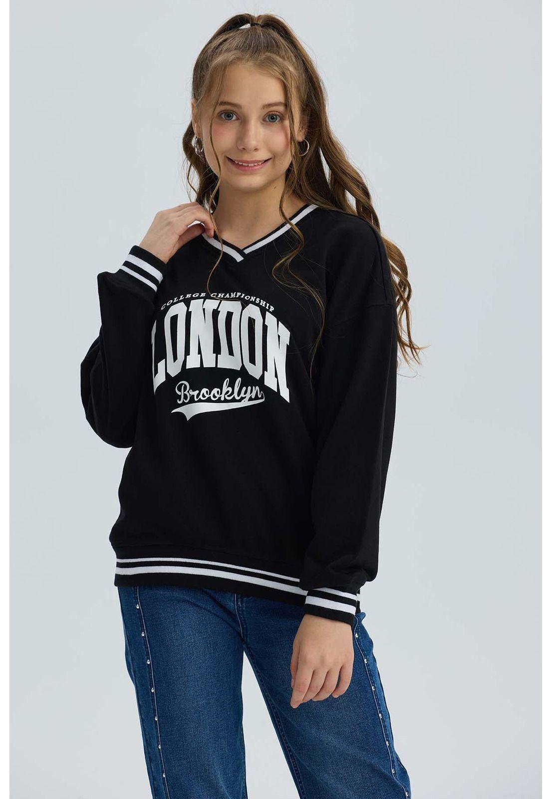 Polerón Niña Con Rib Contraste Negro-0