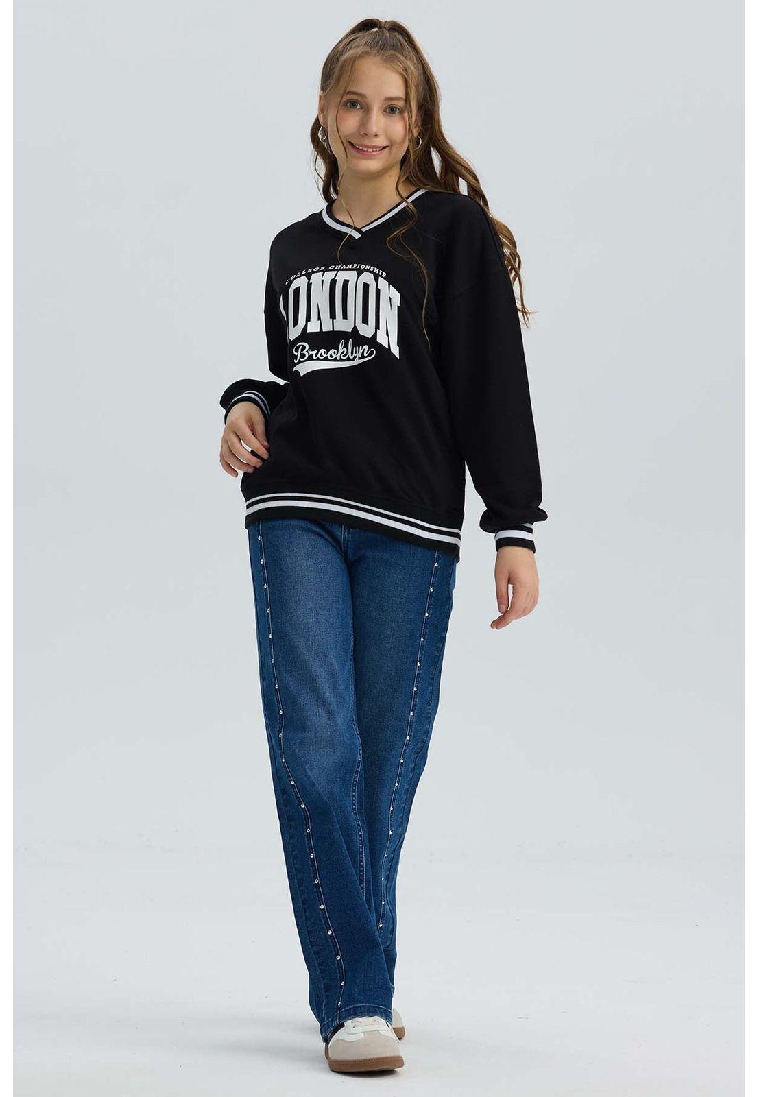 Polerón Niña Con Rib Contraste Negro-3