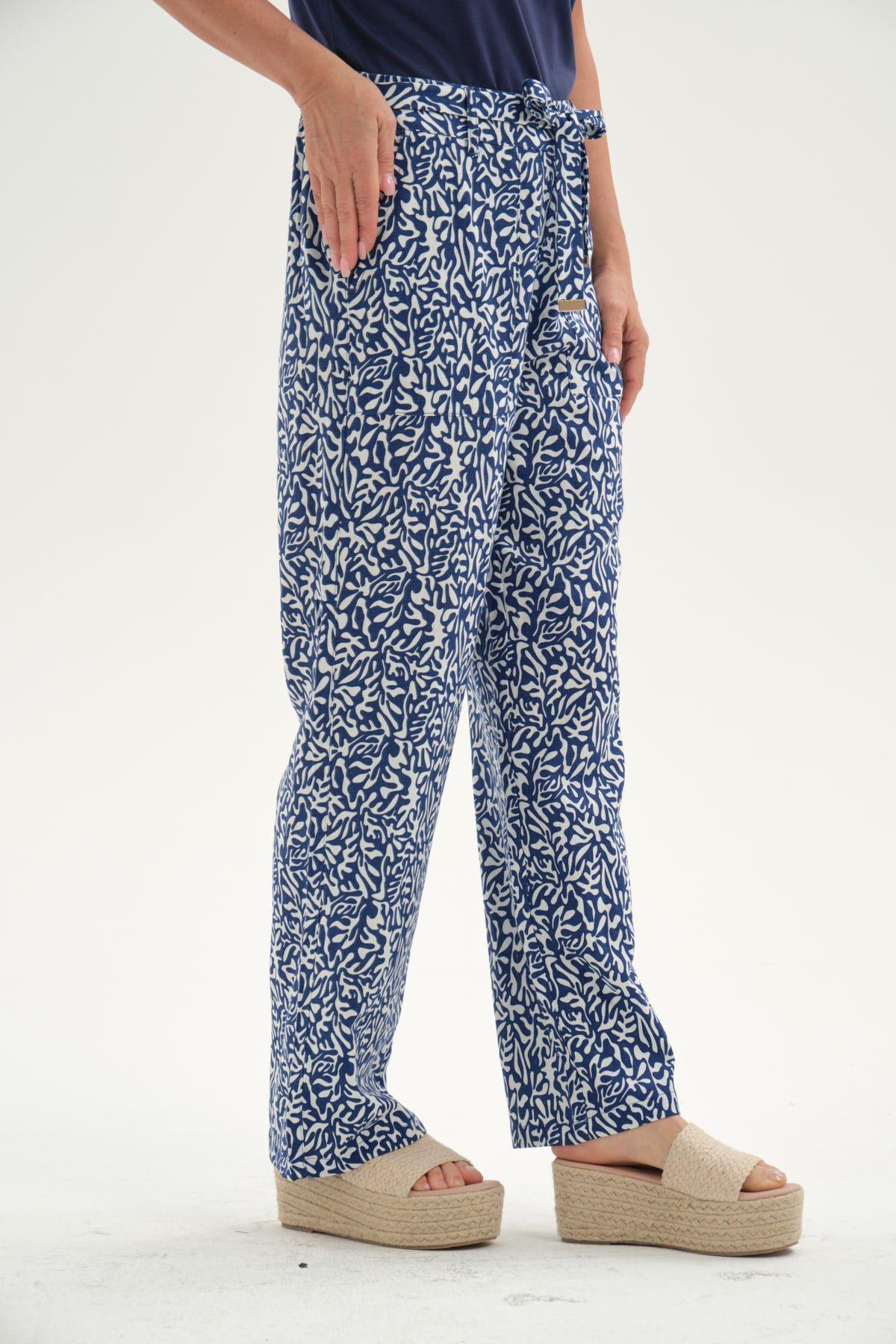 Pantalón Mujer Lino Pretina Elasticada Azul-1