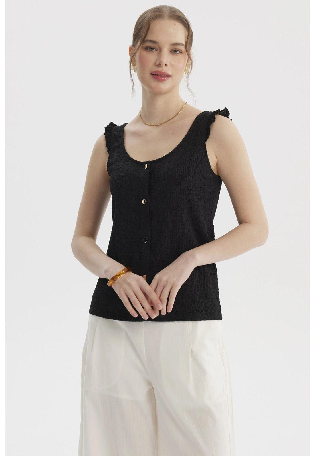 Polera Mujer Vuelo Abotonado Negro-0