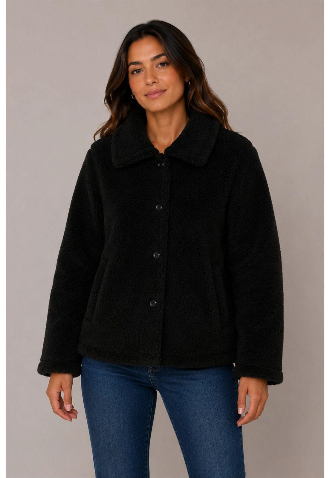 Polar Mujer Cuello Camisero Abotonado Negro-0