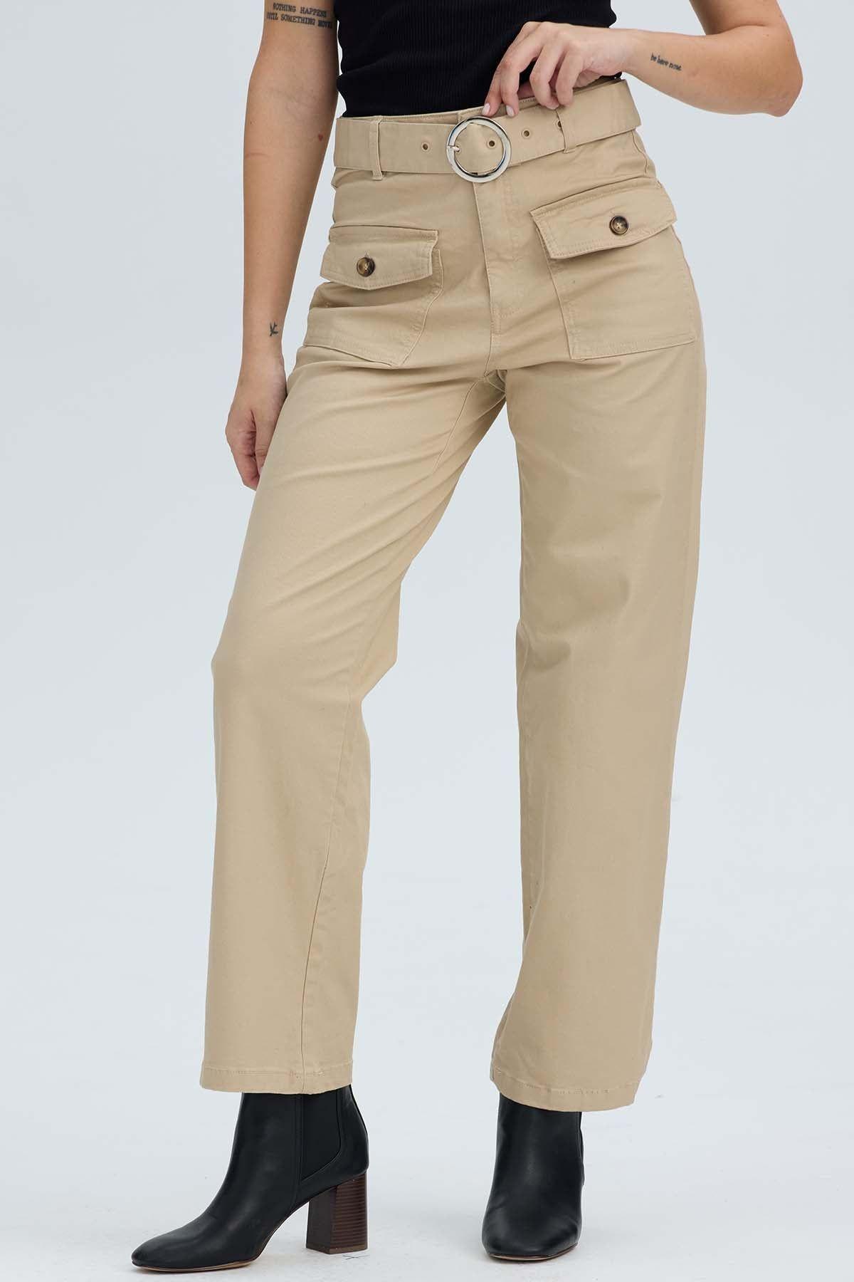 Pantalón Mujer Con Cinturón Y Bolsillos Beige-0