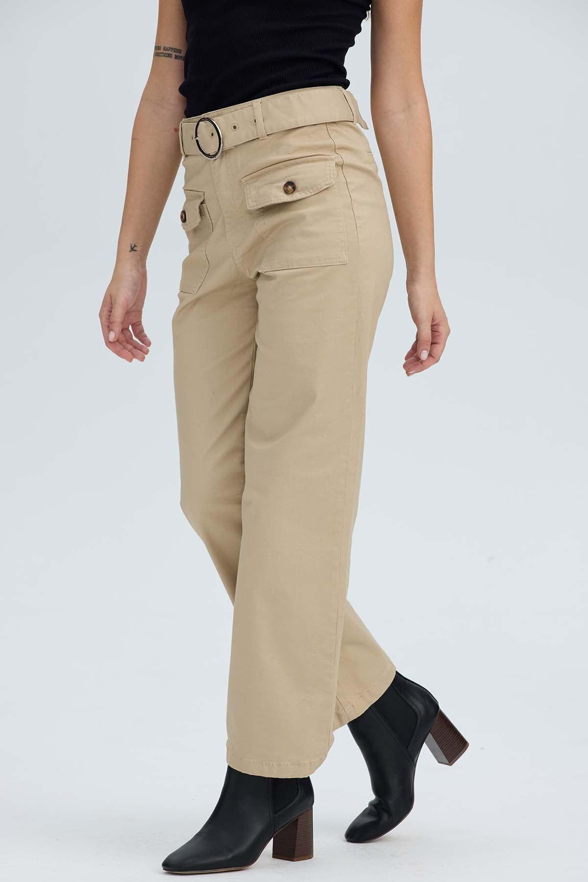 Pantalón Mujer Con Cinturón Y Bolsillos Beige-1