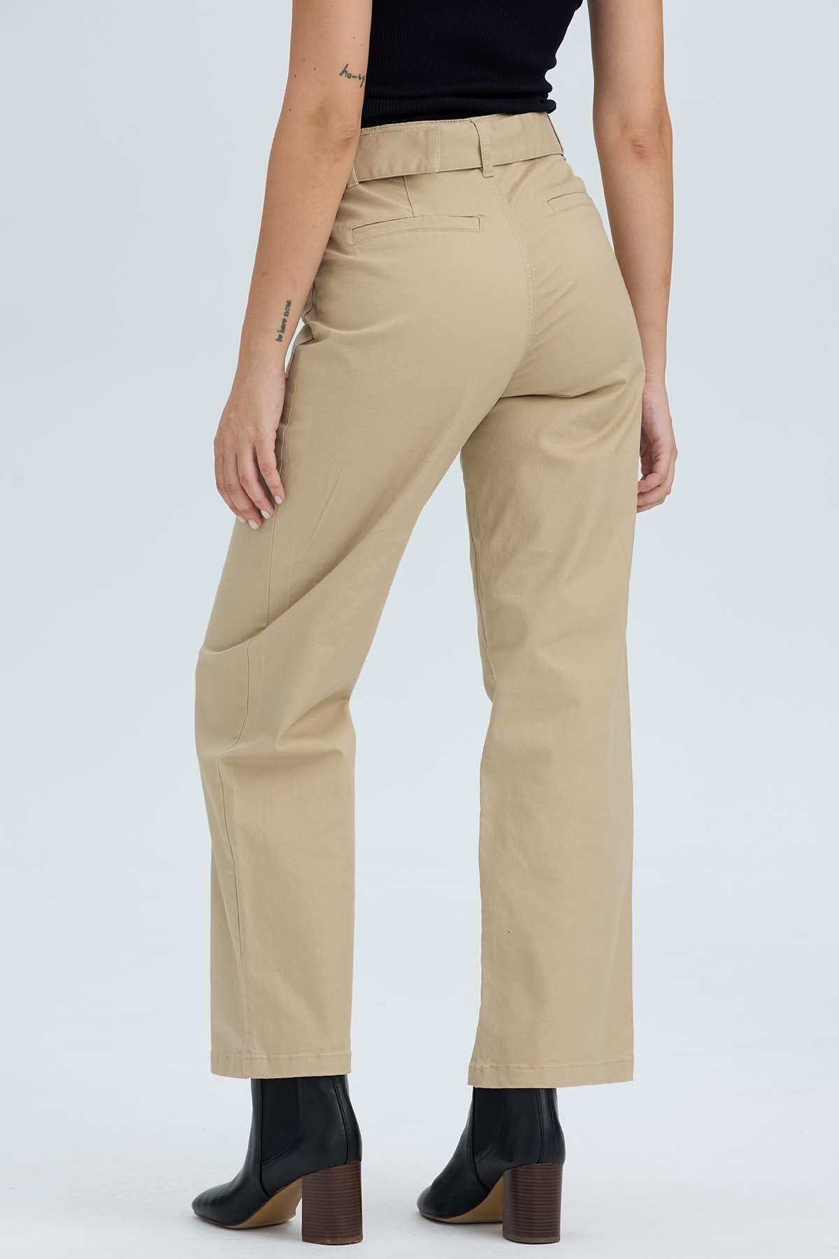 Pantalón Mujer Con Cinturón Y Bolsillos Beige-2
