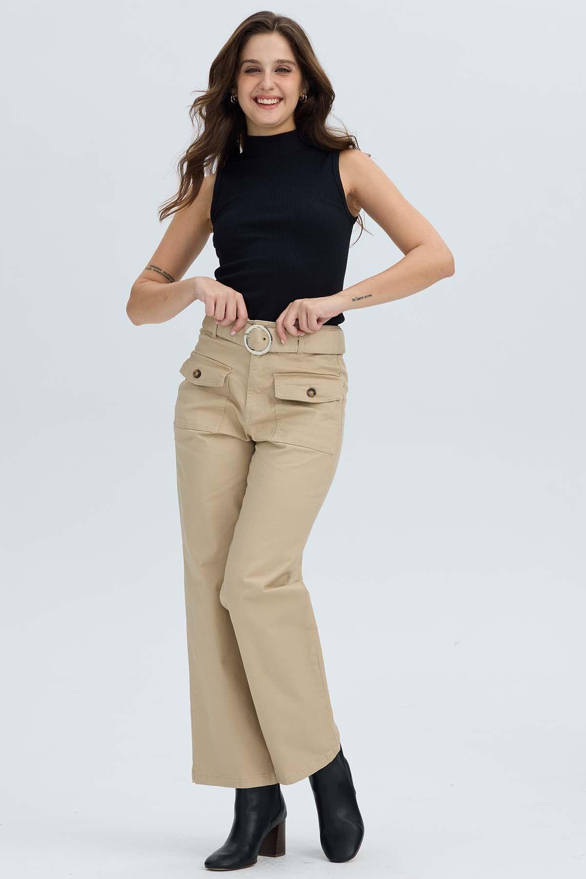 Pantalón Mujer Con Cinturón Y Bolsillos Beige-3