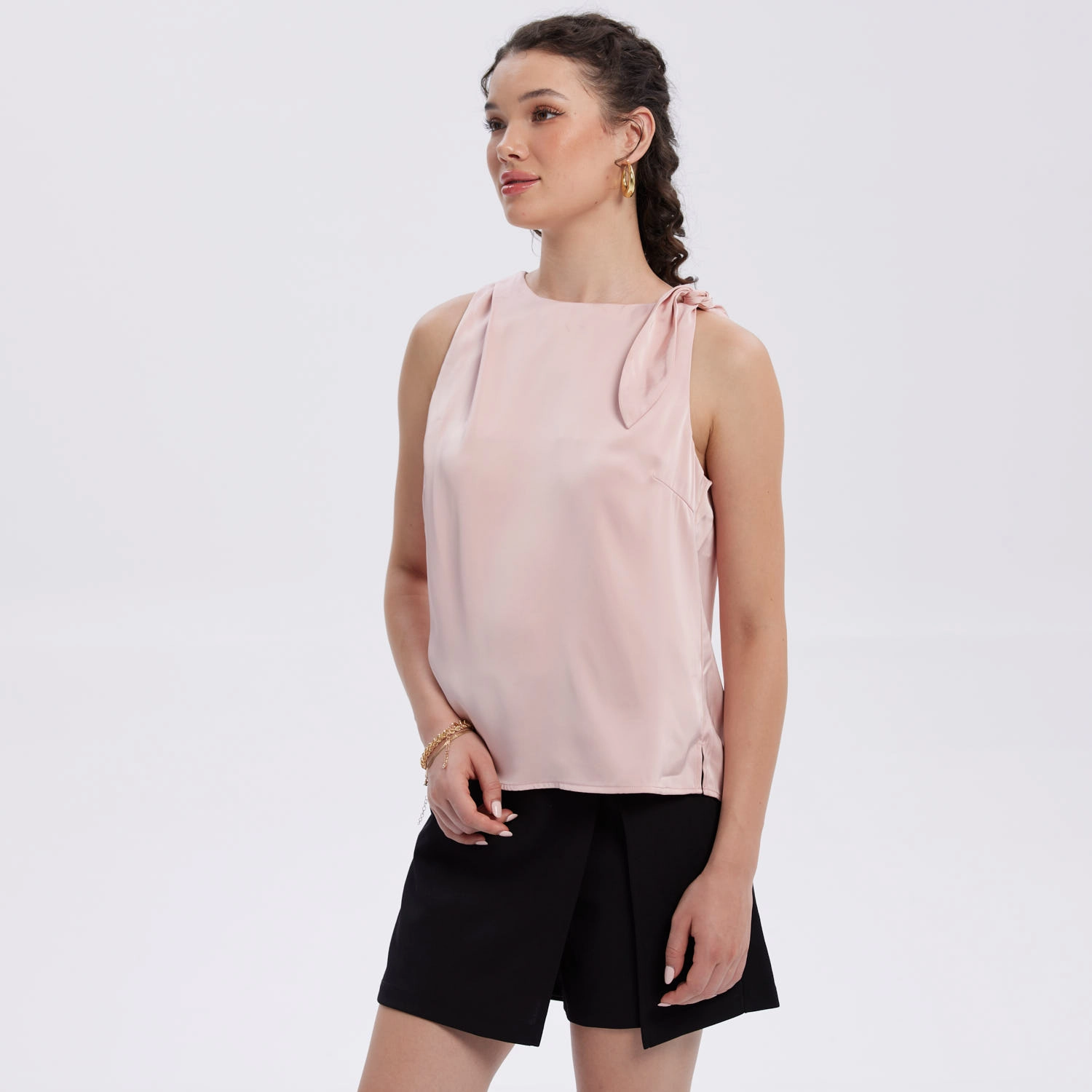 Blusa Mujer Satinada Aplicación Nudo Palo Rosa-2