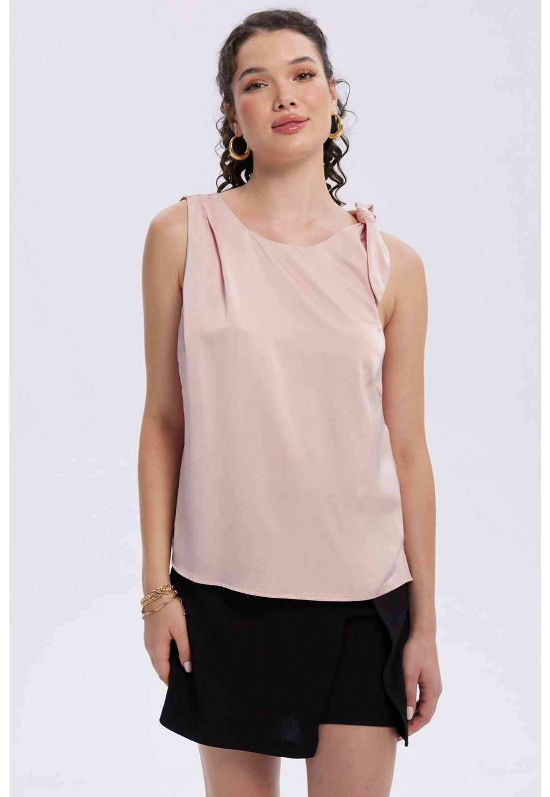 Blusa Mujer Satinada Aplicación Nudo Palo Rosa-0
