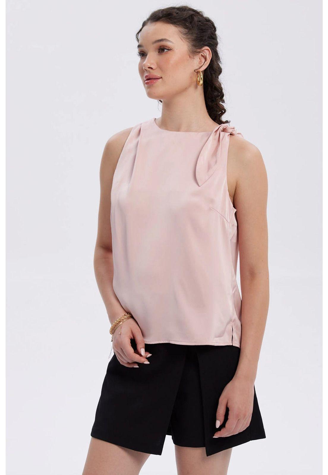 Blusa Mujer Satinada Aplicación Nudo Palo Rosa-1