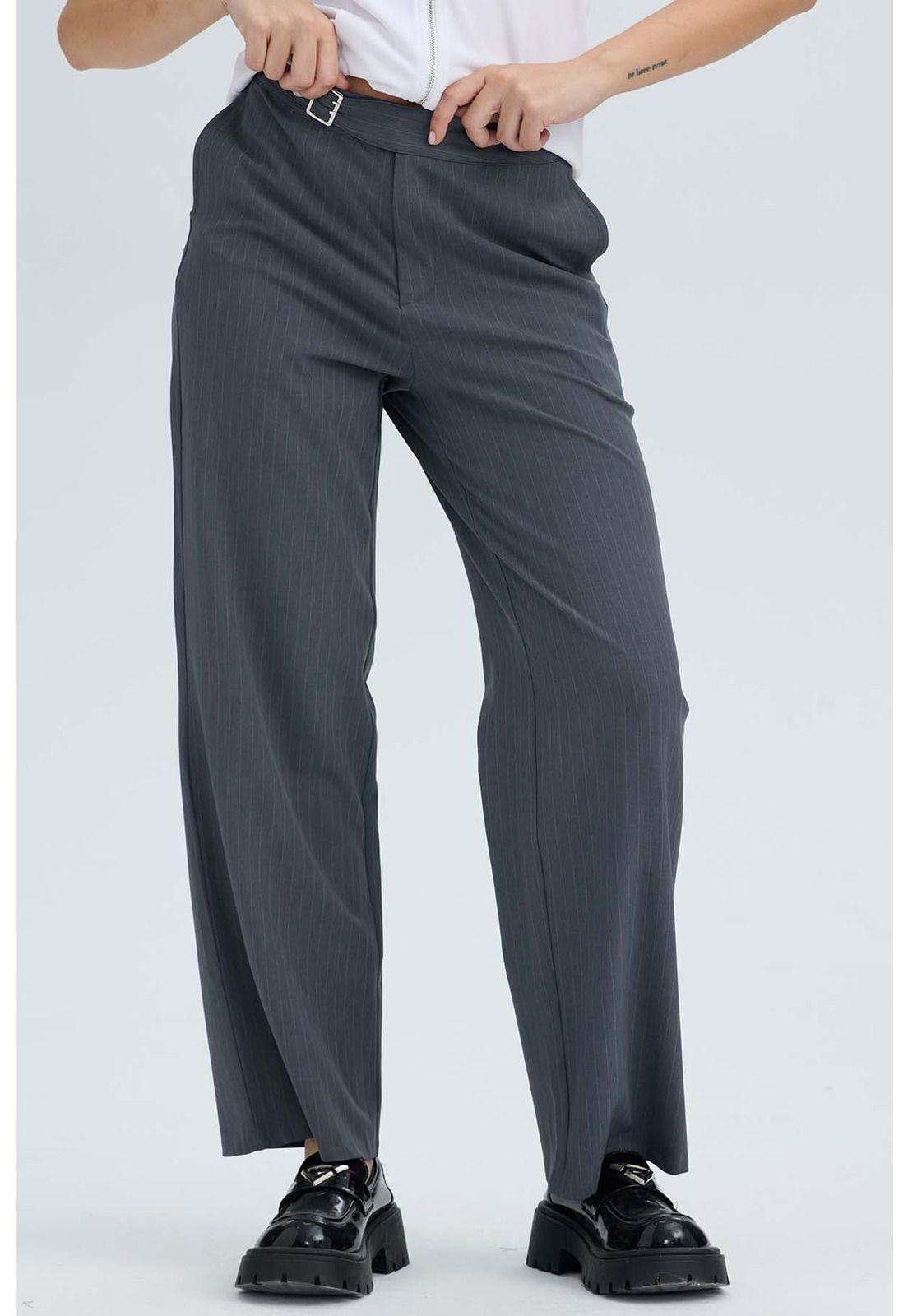 Pantalón Mujer Sastrero Rayado Aplicación Gris-0