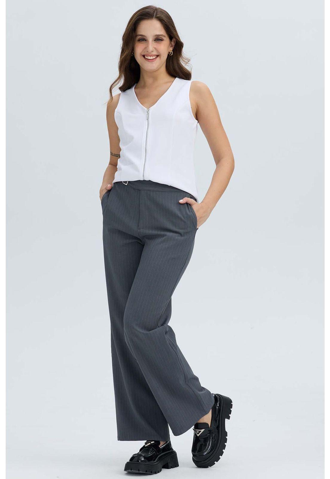 Pantalón Mujer Sastrero Rayado Aplicación Gris-3