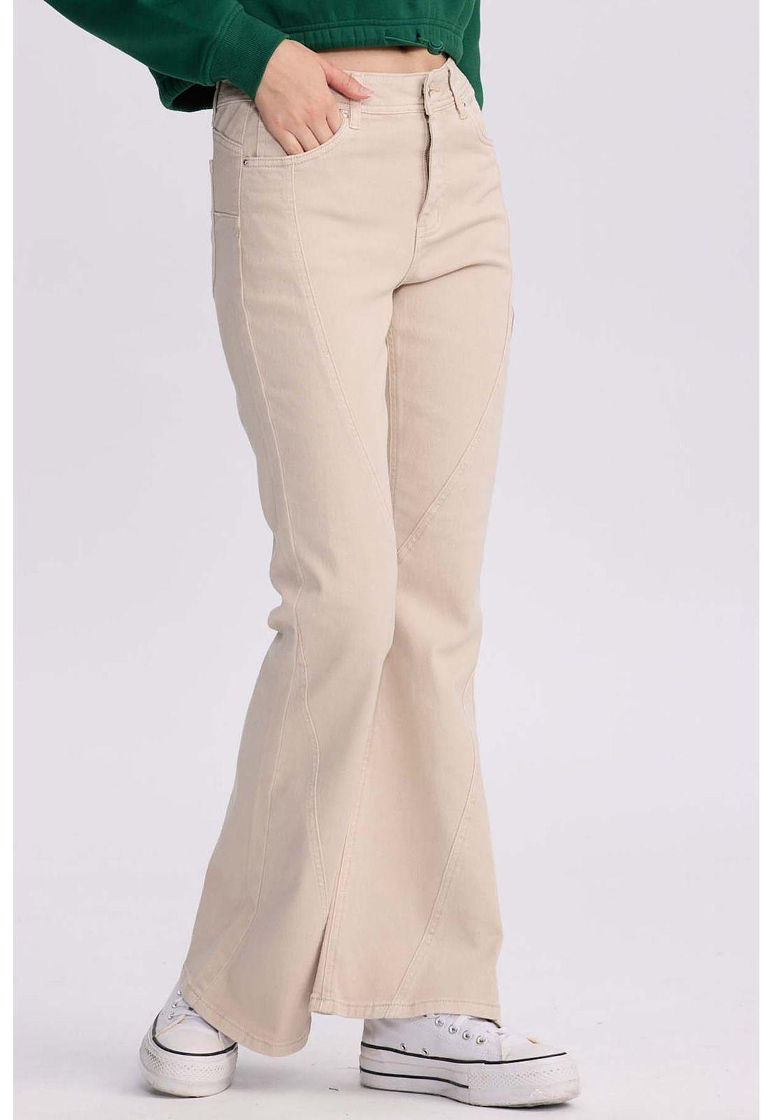 Jeans Mujer Flare Color Line Beige Claro-1