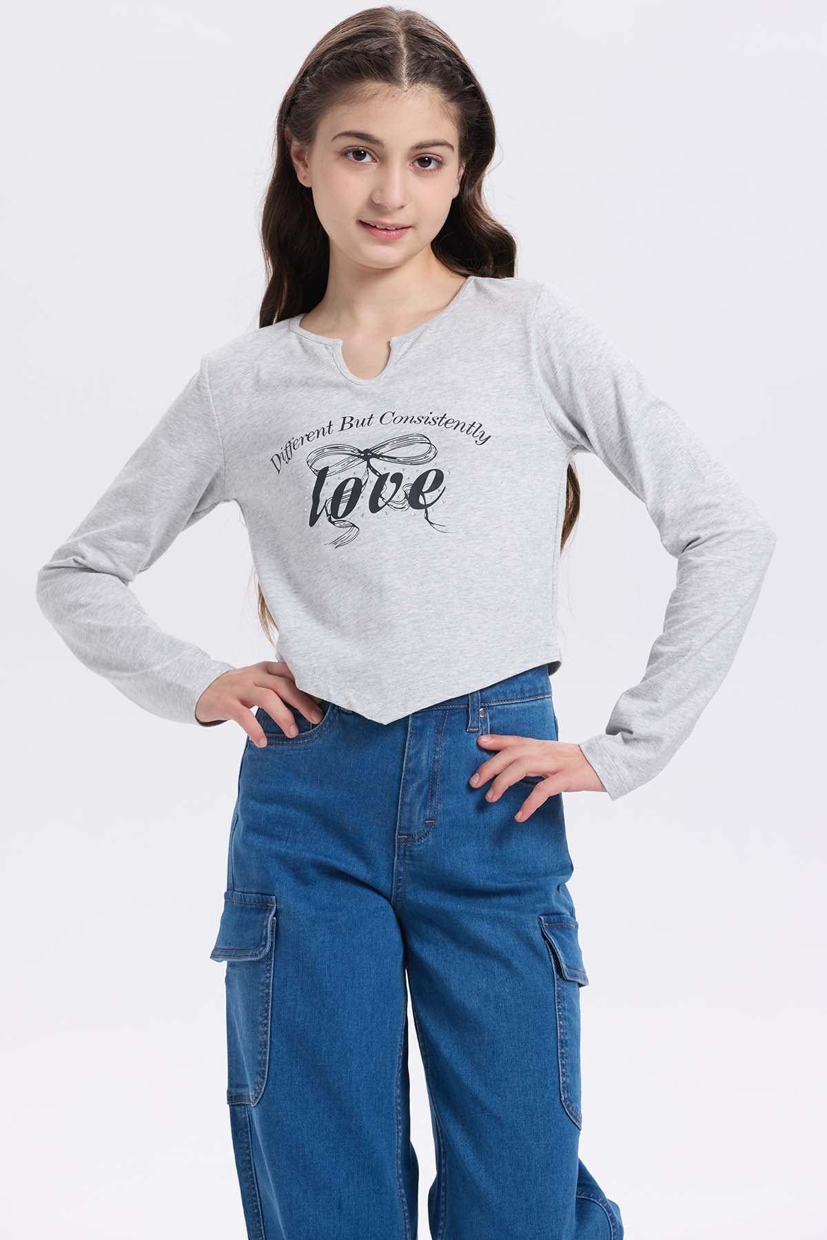 Polera Niña Crop Print Gris Melange-0