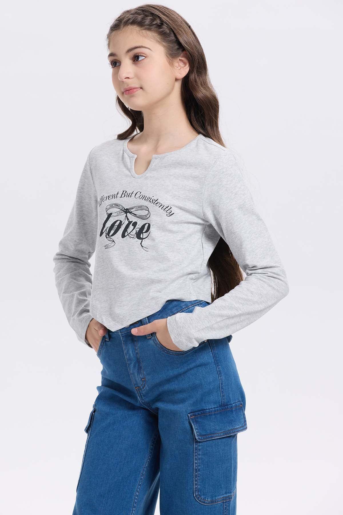 Polera Niña Crop Print Gris Melange-1