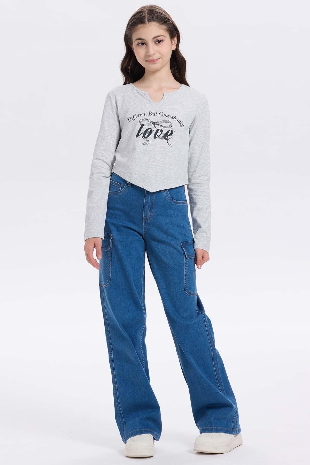 Polera Niña Crop Print Gris Melange-3