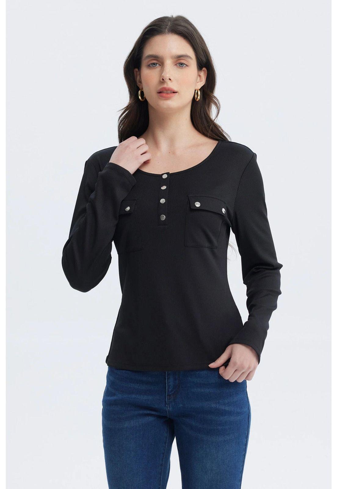 Polera Mujer Aplicación Botones Negro - lV-0
