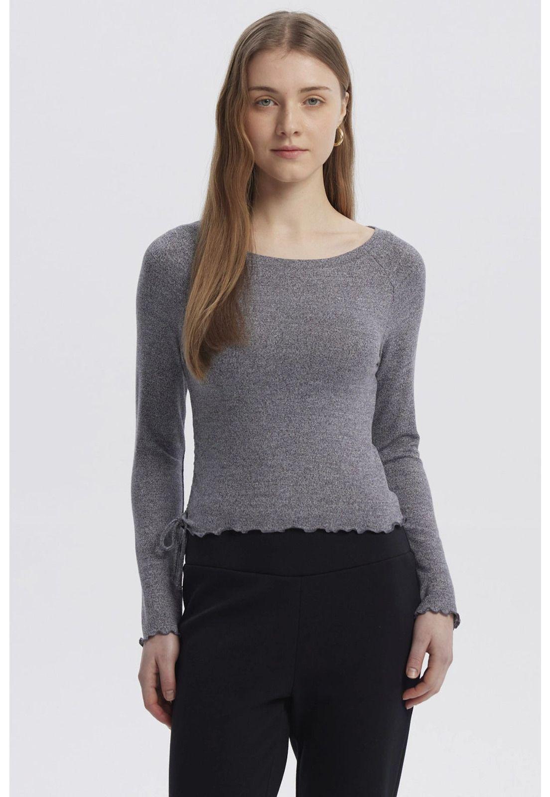 Polera Mujer Juvenil Cuello Bote Recogido Gris Melange-0